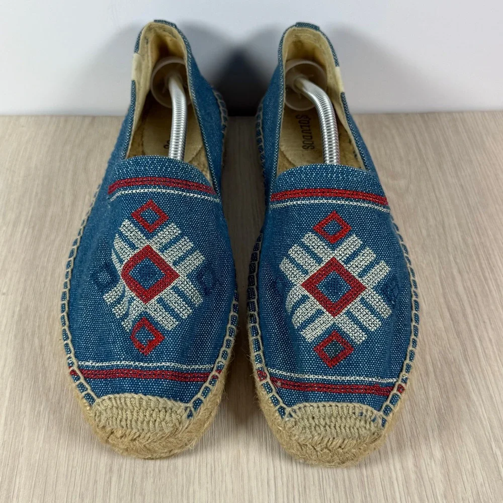 Soludos Women Blue Canvas Embroidered Geometric Espadrille Flats Size 9